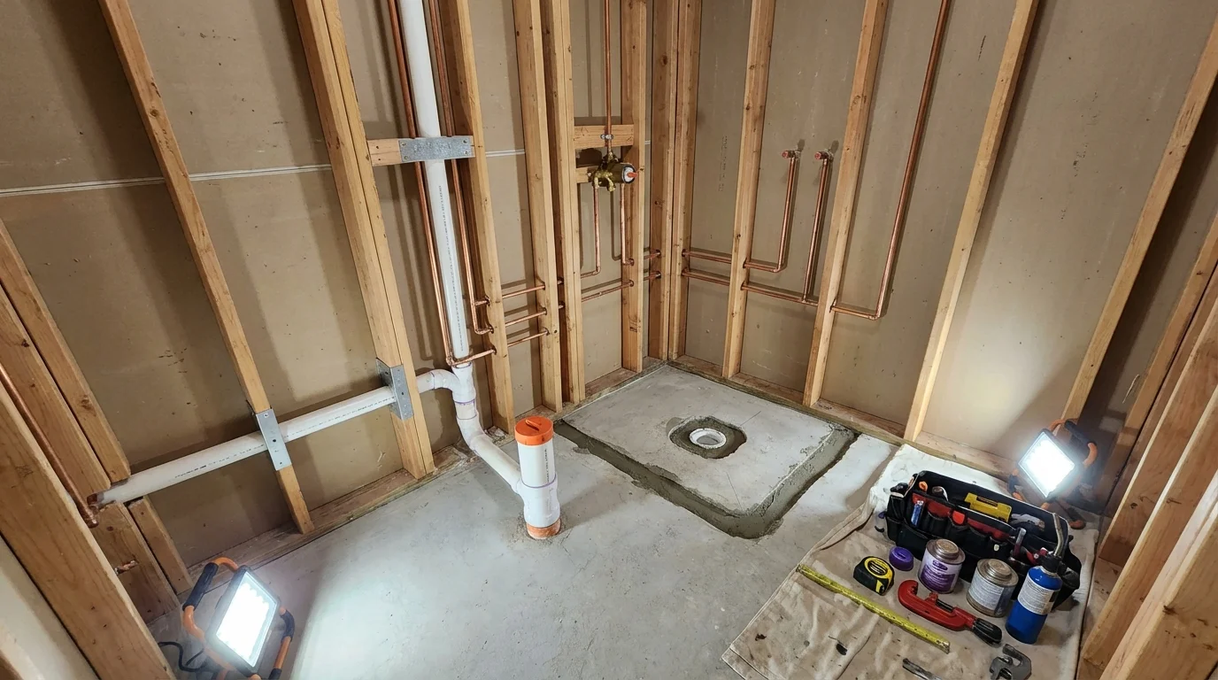 Bathroom rough-in plumbing during remodel by Johns Plumbing LLC in Indian Head
