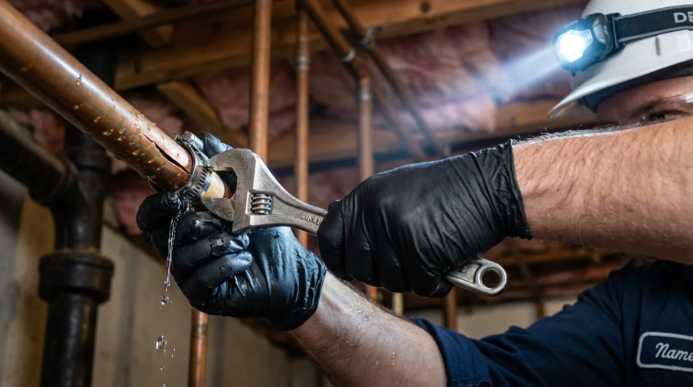 Emergency pipe clamp repair being performed by a Johns Plumbing LLC plumber in Indian Head