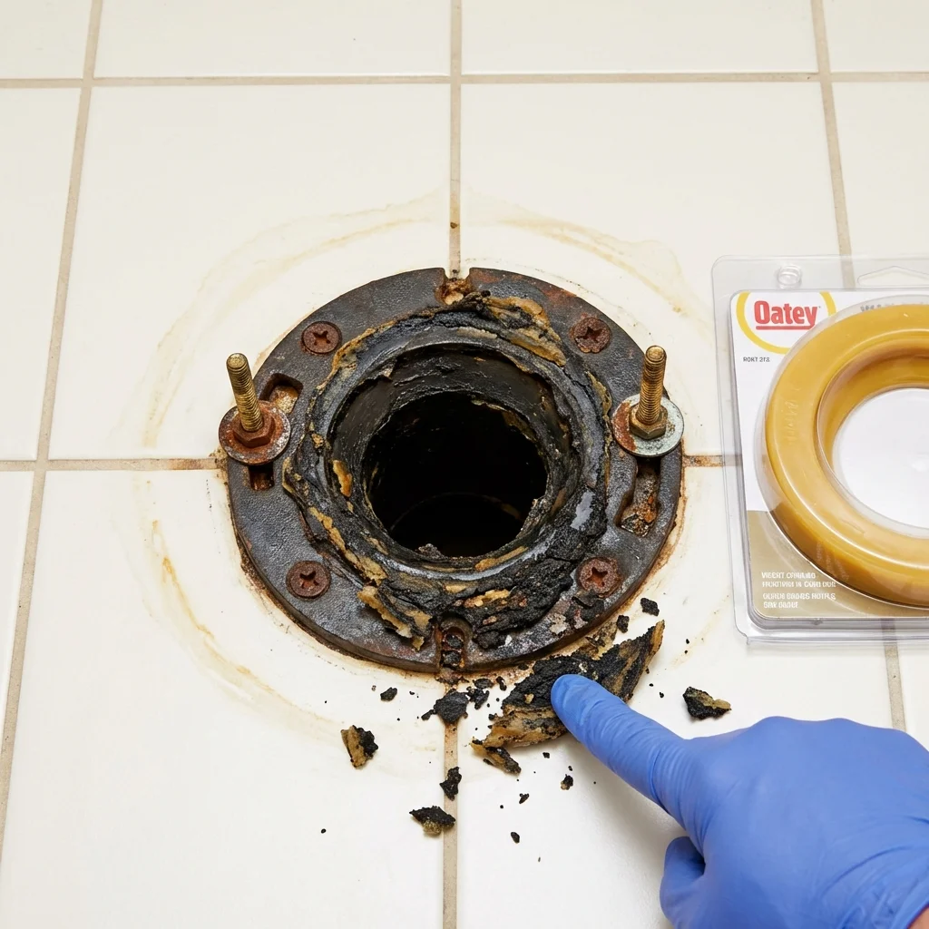 Failed wax ring showing water seepage at the base of a toilet in a Indian Head, MD home