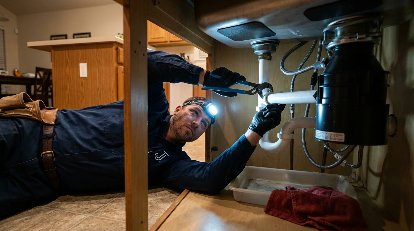 P-trap and supply line connections under a kitchen sink showing a common leak point in Indian Head, MD